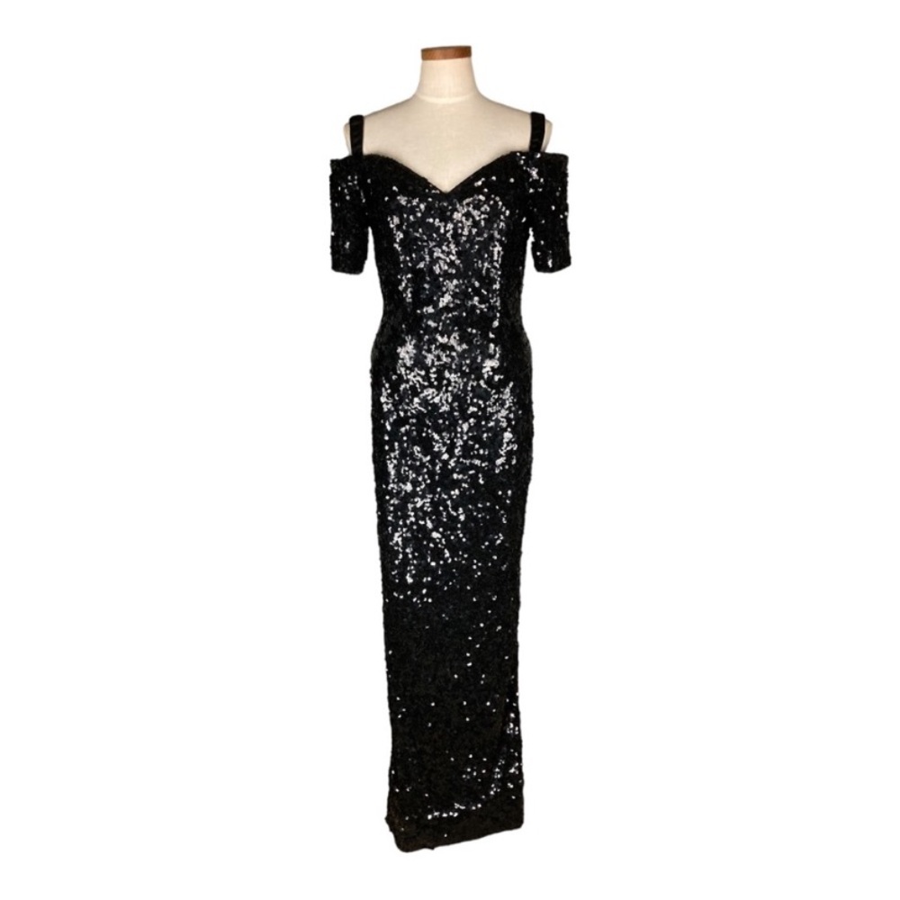 Peak Evenings Black Sequined Floor Length Dress Gown Sz 8